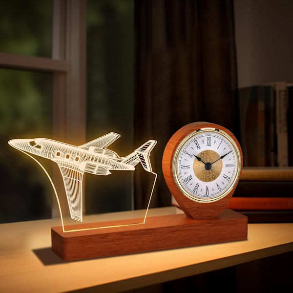 Modelfly Kvartsur til Drenge Mænd Pilotgaver, Fly Nattelampe med Skrivebordsur til Flyentusiaster Rumindretning, Flylampe for-XF13-