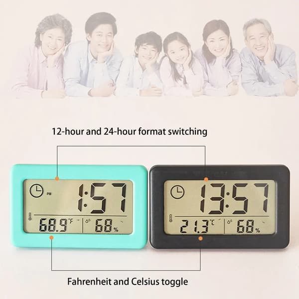 Digital LCD-bordsklocka för inomhusbruk med termometer och hygrometerfunktion, tunn väggklocka, bordsklocka, enkel design