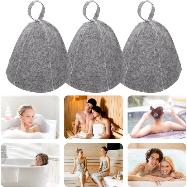 3 stk Sauna lue-Grå filt badstue lue for kvinner og menn Filt sauna H