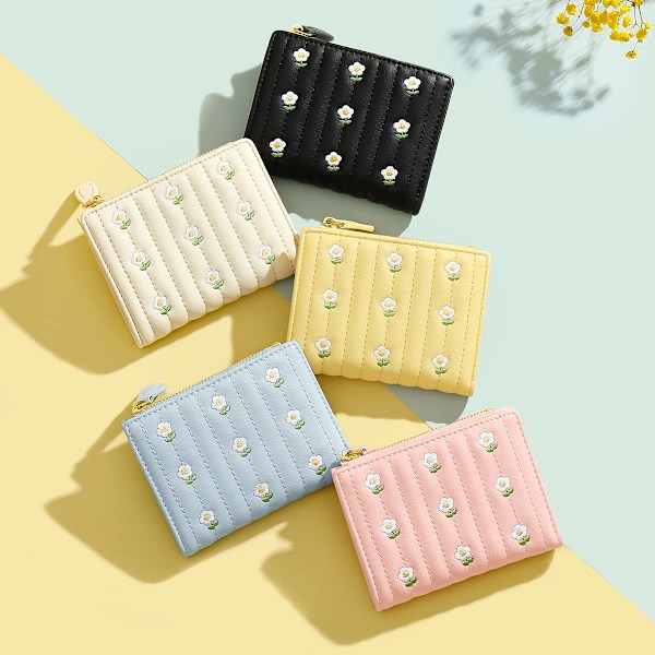 Liten damplånbok tri-fold myntplånbok blommönstrad korthållare myntbörs med ID-fönster elegant ungdomlig och söt - blomma - ljusgrå