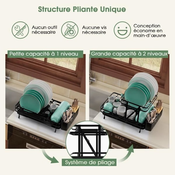 COSTWAY 2-Tier Folding Dish Drying Rack with Removable Drain Board 56x31x30 cm for Countertop or Sink