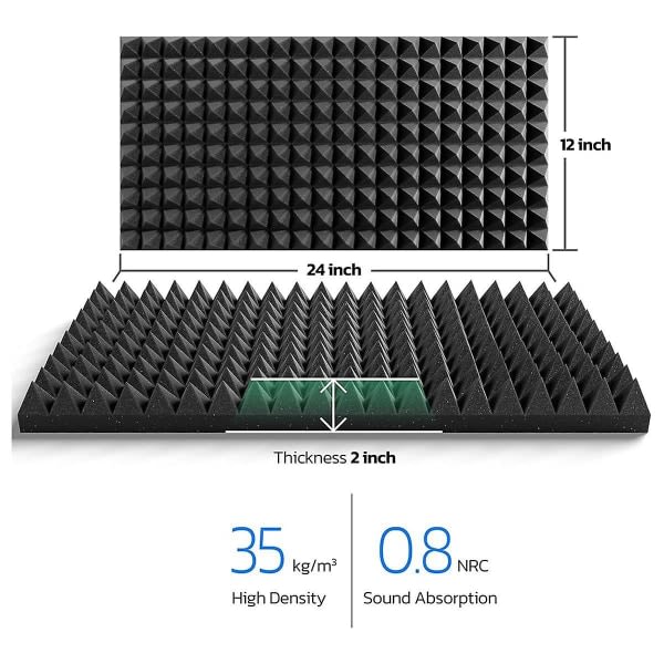 12-pack självhäftande pyramid ljudisolerade skumpaneler, 24 X 12 X 2 tum akustiska paneler, för ljudabsorberande avstängning