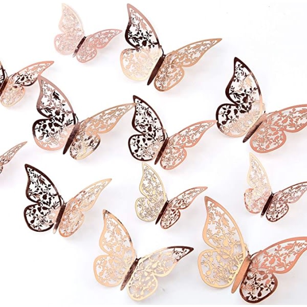 Rose Guld, 24 stk 3d Butterfly Stickers 3 størrelser Vægoverføringsbilleder Bedro