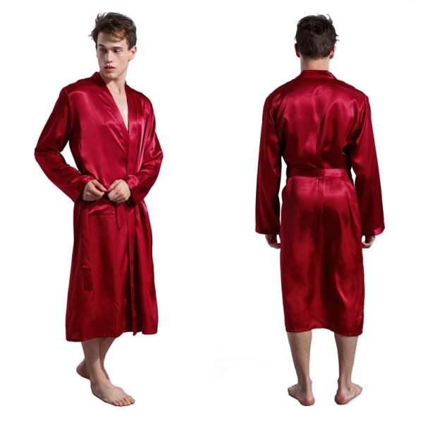 Herrbadrock sommar lätt bastukostym långärmad mantel med skärp sommarrock pyjamas sidenpyjamas kimono pyjamas herrpresent dyp rød XXL