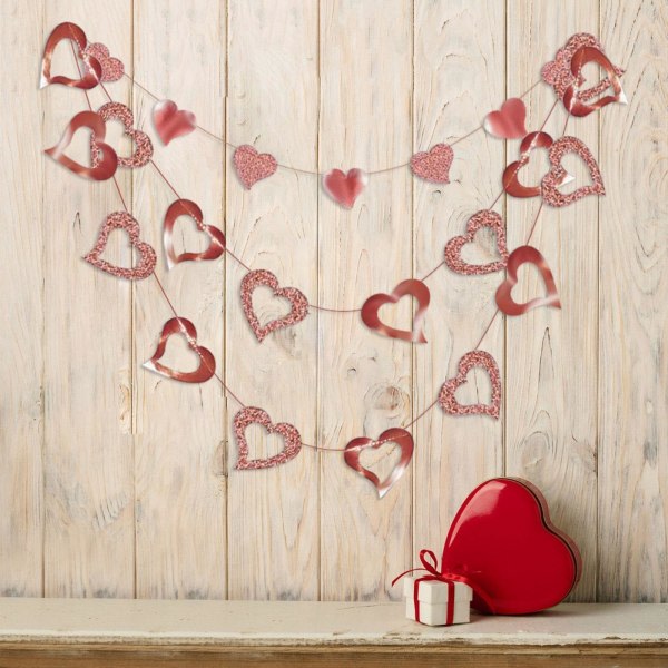Gjør-det-selv Valentinsdag-bannere, hjertepapirkranser, valentinsbuntebannere for bryllupsdusjjubileum, rosegull