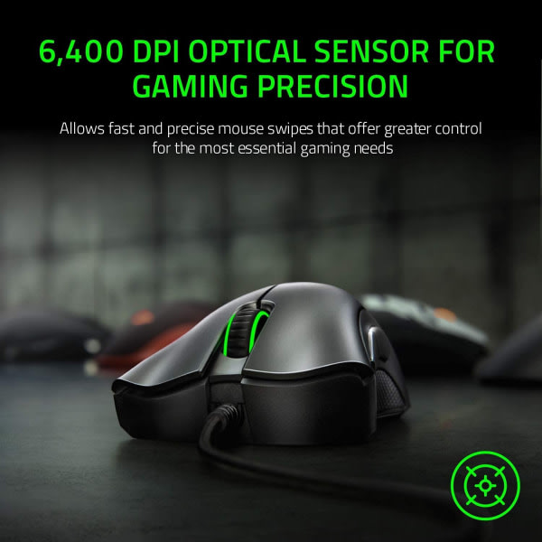 Gamingmus: 6400 DPI Optisk sensor - 5 programmerbare knapper - Mekanisk strømbrytare - Gummi sidegreb - Svart
