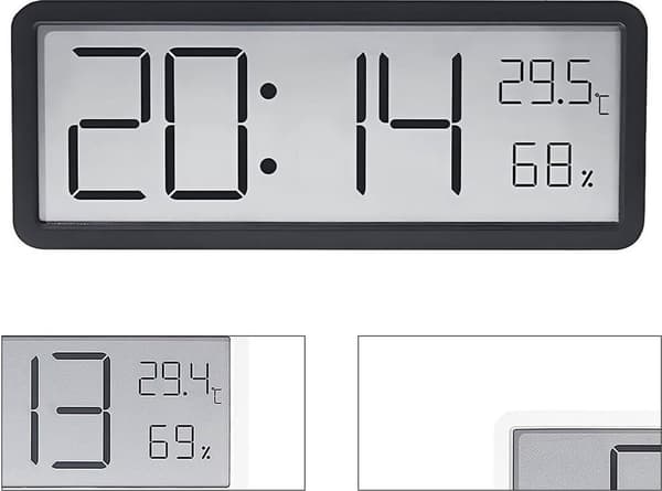 Digital väggklocka 20 cm svart med temperatur-, datum- och luftfuktighetsdisplay väggdekor