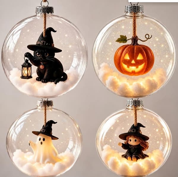 Mini Gennemsigtigt Julepyntssæt, 4 Designs Spøgelse Heks Sort Kat Græskar til Juletræsdekoration Witch