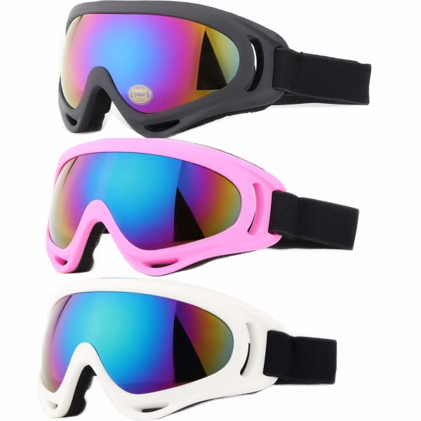 Skibriller 3-pack snowboardbriller for barn Gutter Jenter Tenåringer Dame for menn (svart, rosa og hvit)