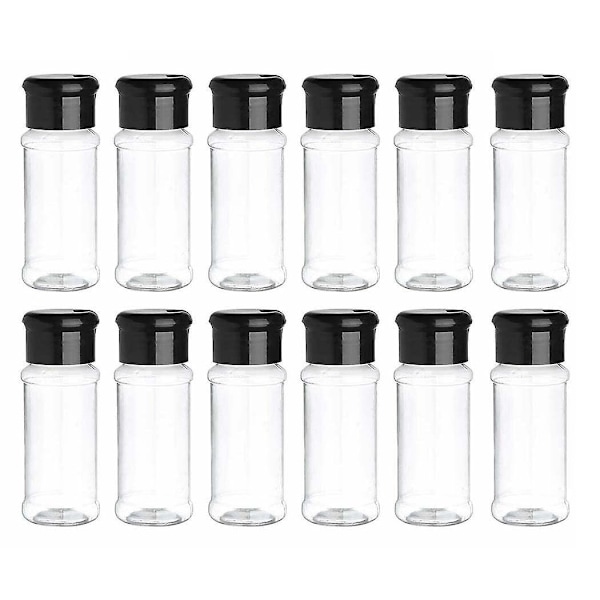 12-pack plastkryddburkar med lock, 100 ml kryddförvaringsbehållare flaska krydda kryddburkar