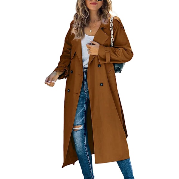 Dobbeltbrystet lang trenchcoat til kvinder, vindtæt klassisk tynd jakke BRUN XL BROWN