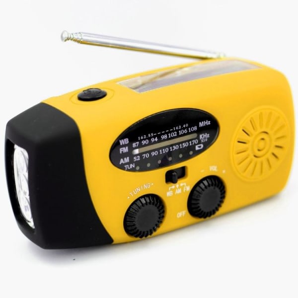Hätäaurinkokampi-aurinkoradio, jossa käsikammen kudottu dynamo