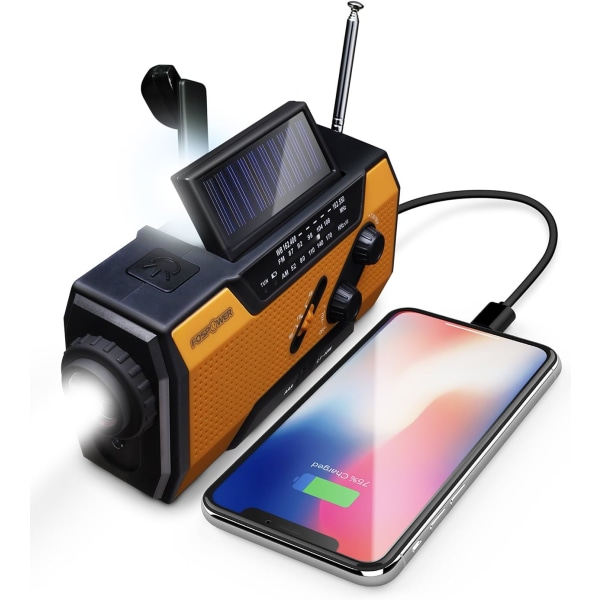 Nödväderradio (Model A1) NOAA/AM/FM med 2000mAh, USB/Solar/Handvevladdning