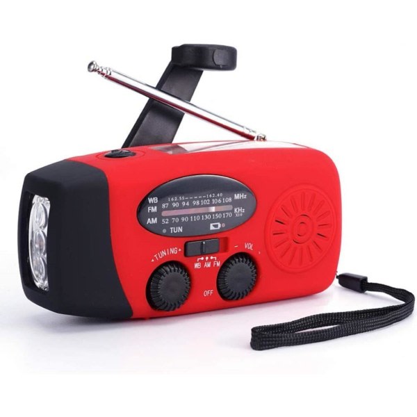 Hand-Crank Radio 2000mAh Powerbank, aurinkopaneelit, taskulamppu - punainen