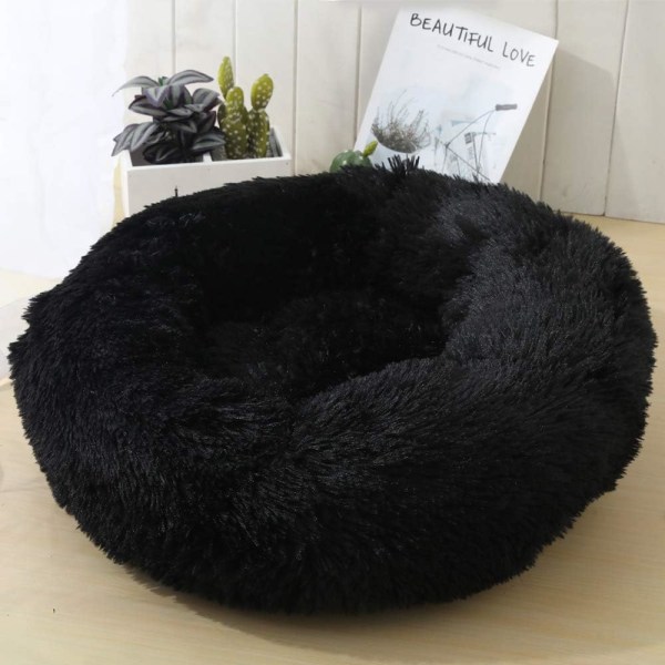 Rund plysch katteseng for kjæledyrskatter og små hunder Kattesengpute Donut Hundeseng passer Nestsofa XH062 (diameter: 60, svart)