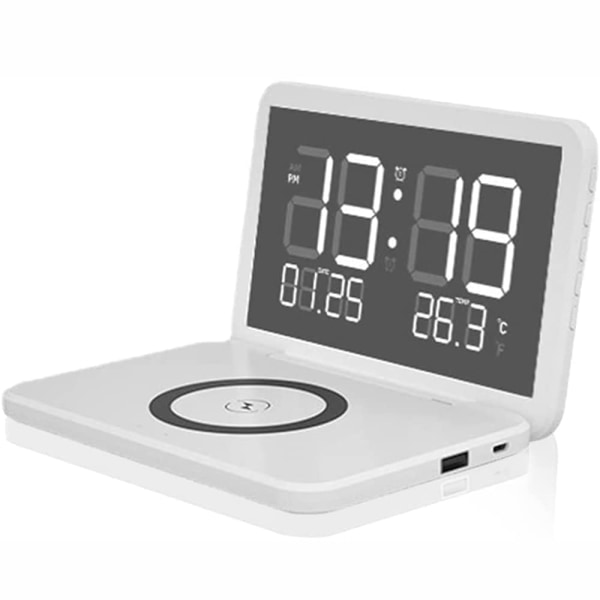 Trådlös laddare väckarklocka, multifunktionell elektronisk kalenderväckarklocka Temperatur digital väckarklocka, med kosmetisk spegel