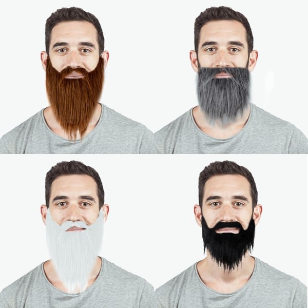 4 stk falske skjegg, Halloween-skjegg, julenisseskjegg, hvitt langt hår, svart skjegg, festskjegg