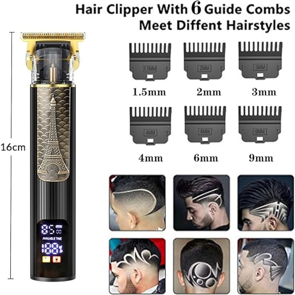 Hårklippningsmaskin, vattentät hårklippare/trimmeri för män med T-blad, 6 kammar och LED-displa