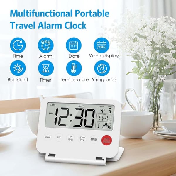 Mini sammenklappelig digitalt vækkeur LCD-baggrundsbelysning termometer snooze dato tid hvid