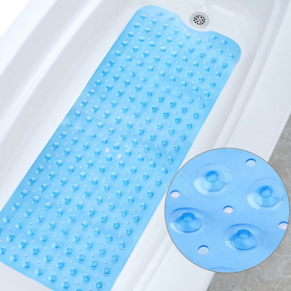 Blå ekstra lang bademåtte med stærke sugekopper Anti-skrid bademåtte PVC Materiale Brusemåtte til badeværelse Maskinvaskbar Anti-Mug Anti-Svampe 40X