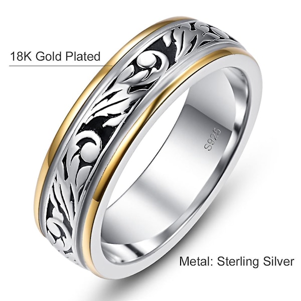 925 Sterling Silver Retro Carving 6 mm Tvåfärgad Rhodiumpläterad & Guldpläterad Bröllopssmycken för män 10