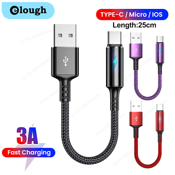 0,25m Kort USB Laddningskabel Datakabel Typ-C Micro IOS För iPhone 13 12 iPad 3A Snabbladdning Telefonkabel Power Bank Datakabel IOS Röd IOS ed IOS ed 0.25m