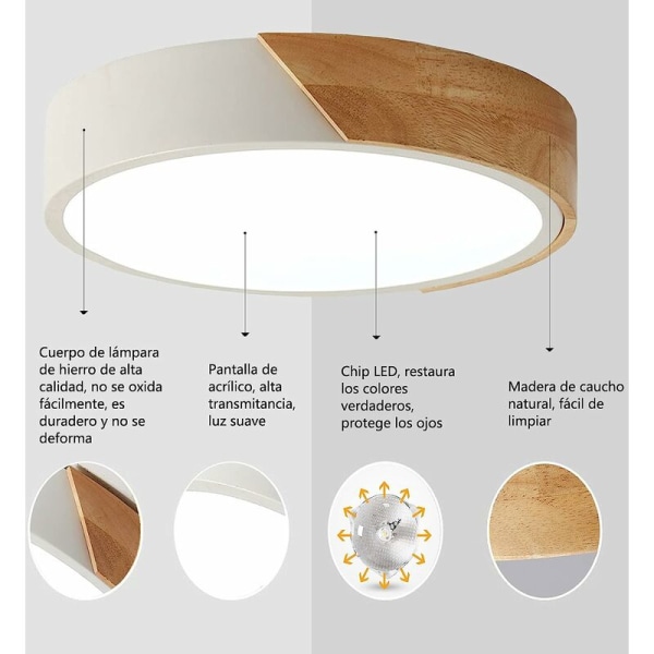 LED-taklampa, 24W Modern rund LED-taklampa i trä