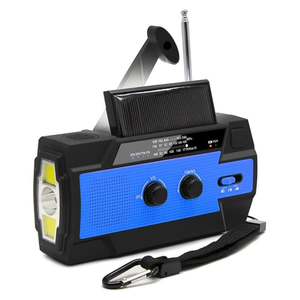 Nödväderradio Solar Handvev Bärbar NOAA väderradio med ficklampa och rörelsesensorljus, mobilladdare, SOS Alarm Blue