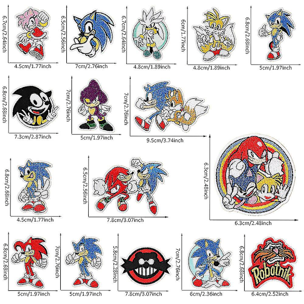 Sonic-tema Broderade Lappar Sy På/Stryk På Lappar Dekor Applikation För Kläder, Hatt, DIY Tillbehör 16st