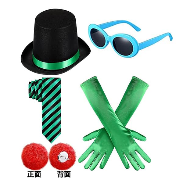 Halloween-kostym: grön hög hatt, blå solglasögon, randig handknuten slips, gröna handskar. 8-piece set