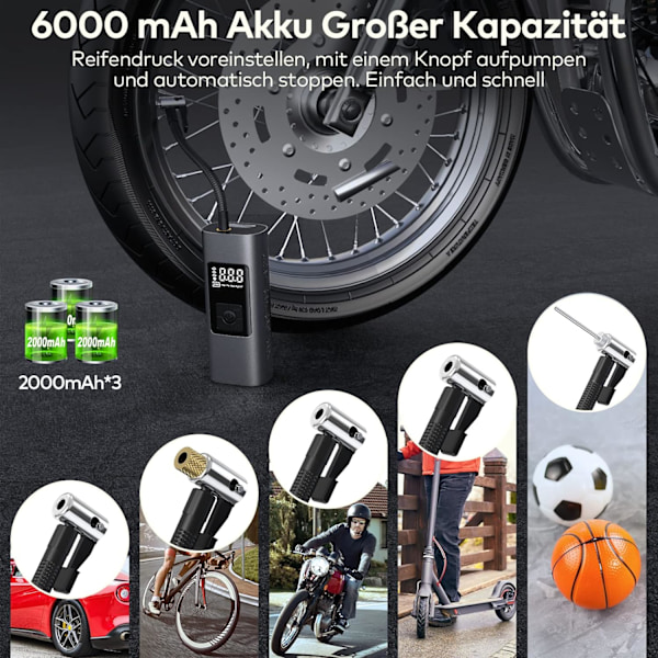 6000mAh Mini Sähköinen Ilmapumppu, Kannettava Ilmakompressori Langaton Rengaspuhallin 150PSI Digitaalisella LCD-näytöllä, Sähköinen Pyöräpumppu LED-valolla