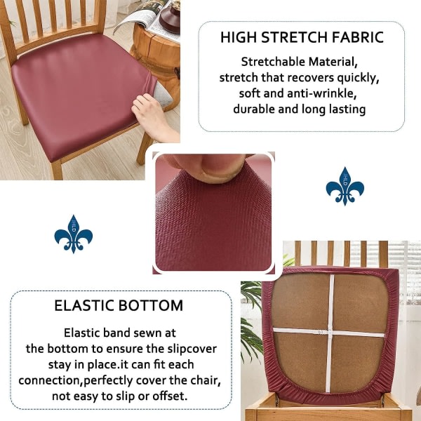 Vattentät cover Stol cover, PU-läder stolsöverdrag 4 delar Stretch Tvättbar cover for restaurant-vinröd-4 delar