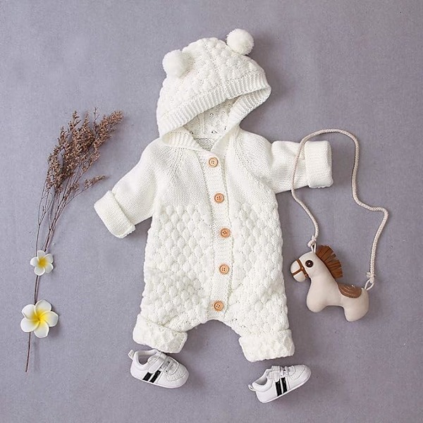 Nyfødt baby hørebeskyttelse strikket onesie overall varmere sne-dragt til drenge piger 90cm 90 cm Beige 90 cm