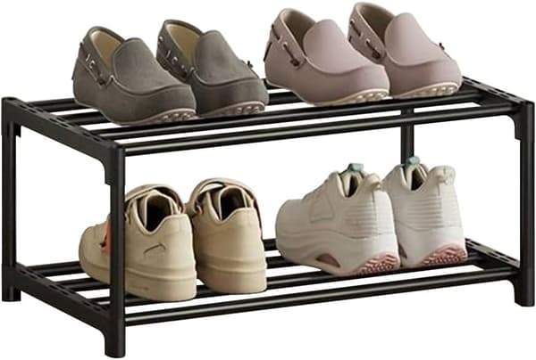 2-Tier Shoe Rack, Small Narrow Shoe Rack, Anti-Rust Coating, Suitable for Dorm, Apartment, Balcony, Stackable Narrow Shoe Rack-FF-