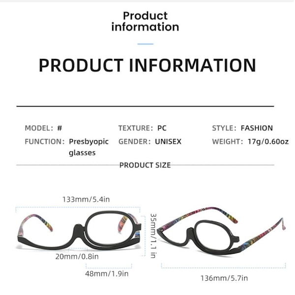 Roterende Sminkeleserbriller Sammenleggbare Øyenbryn SVART Svart Black Strength 2.50-Strength 2.50