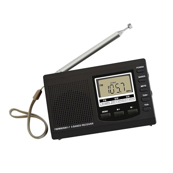 Miniradio FM/MW/SW Indragbar antenn Radiomottagare Inspelare Svart