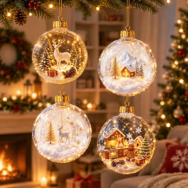 3D klar akryl juletrekule med LED-lys - Snødekt husdekor