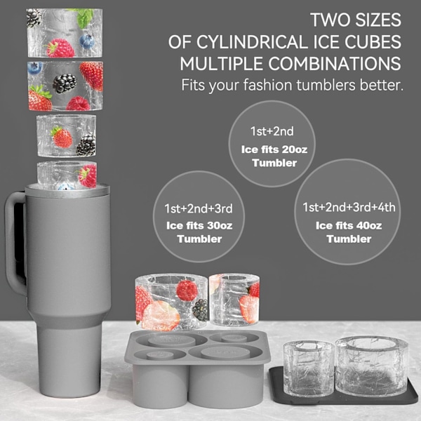 Silikonisform med lock för Stanley Cup, Tumbler isform, Cylinderformade silikonisformar för frysning, BPA-fri, diskmaskinssäker (Grå) Grey