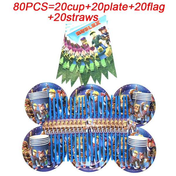 Barnebursdagsgaveposer Roblox Tema Festutstyr Papptallerkener Kopp Tallerkener Serviett Baby Shower Engangsservise sett 80 stk.-XF1- 42pcs-3