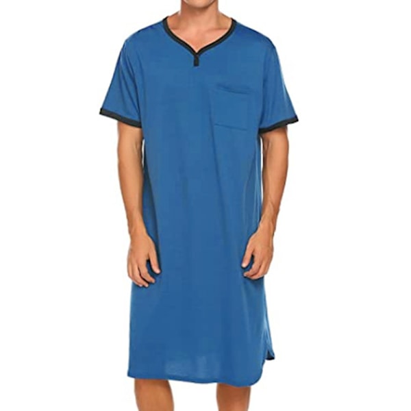 Herrpyjamas Casual Kortærmet Lang Natskjorte Blød Nattøj Royal Blå 2XL Royal blue