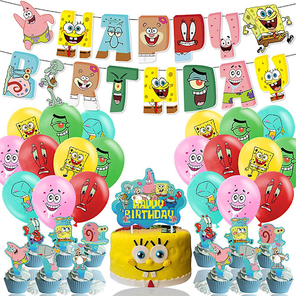 Tegneserie Svampebob Firkant Bursdagsfest Utstyr - 32 stk Bursdagsfestsett med Gratulerer med dagen Banner Kaketopp Cupcake Toppers Prom