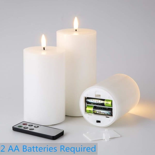 White Flat Top Flameless Stearinljus med fjernkontroll, flimrande Real Wax LED-batterilys D 3" H 4" 5" 6", 3 Pack