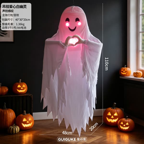 Halloween Lysende Hvid Spøgelsesophæng med Lydaktivering og Talefunktion Crying