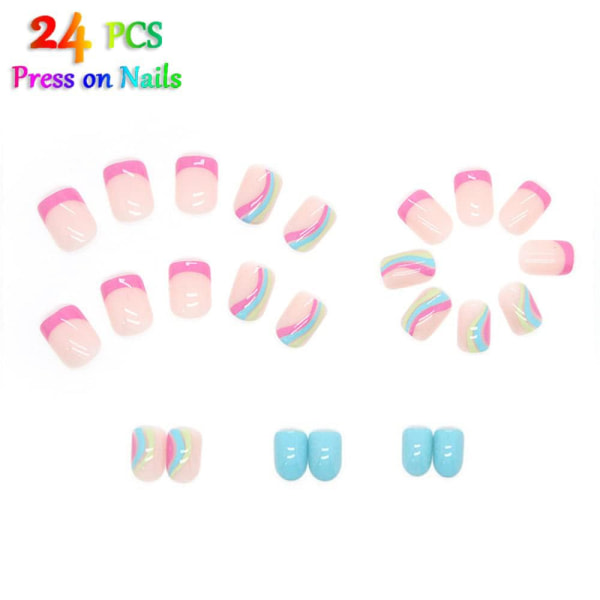 24 stk Short Square Rainbow Press On Nails - Colorful Rainbow Swirl French Tips False Nails/Glossy Rainbow False Nails (Rainbow)