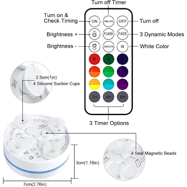 LED-lampe til pool, nedsænkbar, 16 RGB-farver, 30-50 timers belysningstid, IP68 vandtæt, dekoration-XF15-