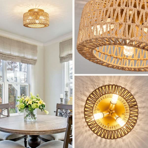 Rattan loftlampe, 3-lys Boho loftlampe, håndvævet bur-lampe, rustik rattan lysekrone (guld)