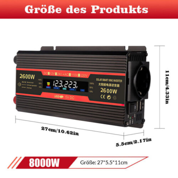 Spændingsomformer 6000/8000W 12V-230V Inverter med 2 USB EU; ren sinus 2 USB spændingsomformer 8000W/4000W inverter 12V 231V inverter