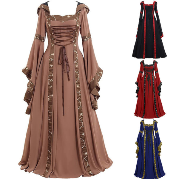 Vintage medeltida golvlängd cosplayklänning för kvinnor black L