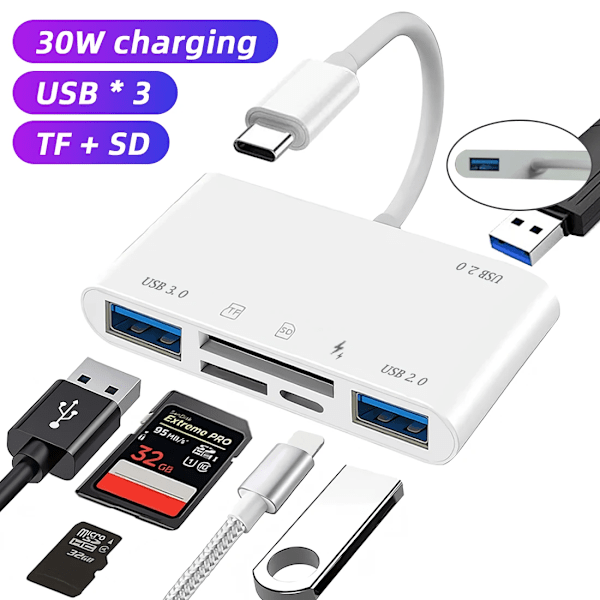 6-i-1 Minneskortläsare, Typ C-adapter, TF SD, USB C, Macbook Huawei Samsung Xiaomi OTG-förstärkare är Compact Flash 6 in 1