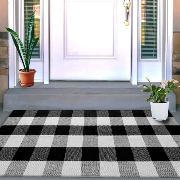 Svart og vit rutig matta 23,6" x 52" stor buffelrutig matta Utomhus veranda matta dörrmatta dekor